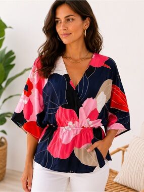Trina Turk Floral Kimono Dolman Sleeve Blouse Pink Navy Surplice Elastic Waist
